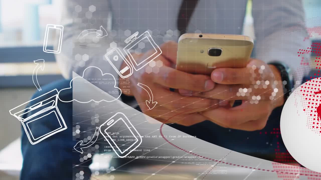 animación del procesamiento de datos en todo el mundo y hombre biracial usando teléfono inteligente.