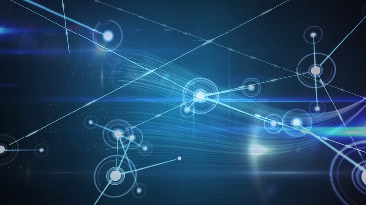Animation of a growing network of connections with nodes on a black background