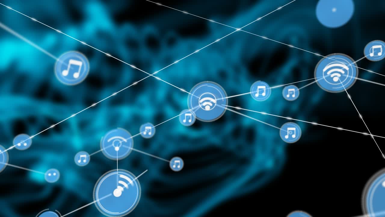 Animation af Wi-Fi- og musikikoner forbundet med linjer mod blåt abstrakt mønster