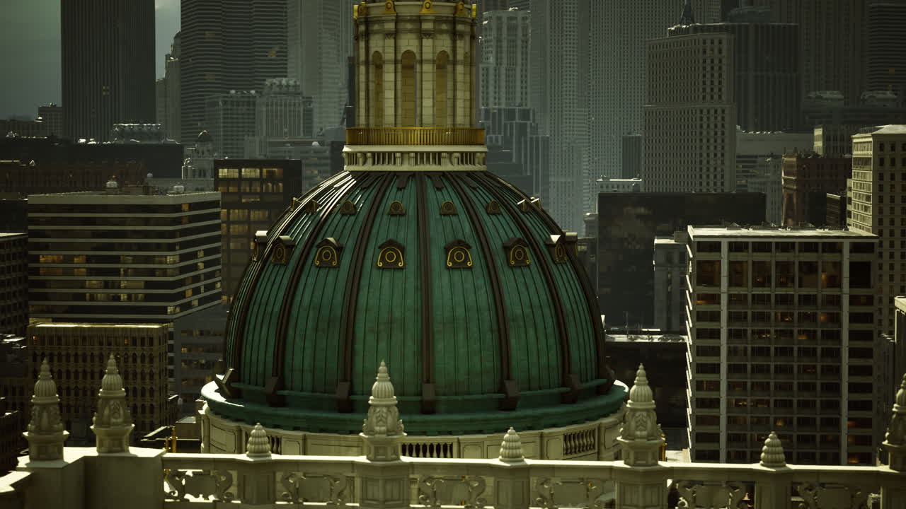 Stunning architectural dome against a bustling city skyline at dusk