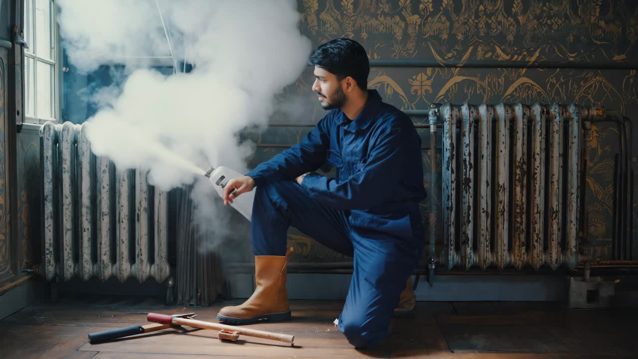 Man inspecting a steam radiator