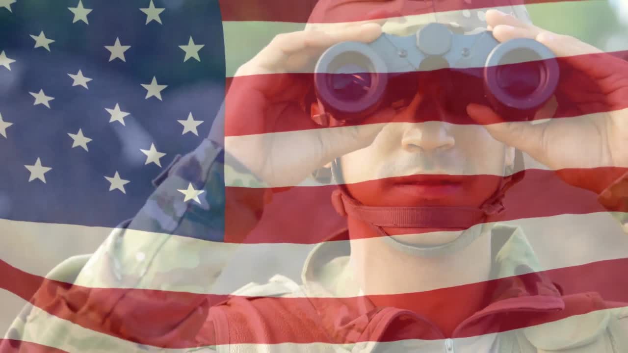 우리 군인 은 앞면 에  ⁇ 발 을 흔들고 있는  ⁇ 안경 을 통해 보고 있다