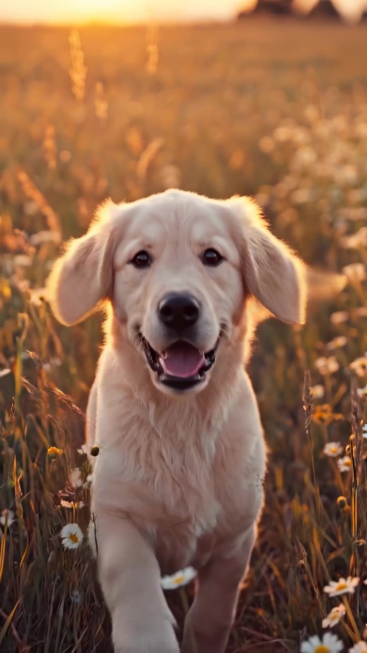 Cachorro feliz de Golden Retriever corriendo por un campo soleado a la hora dorada