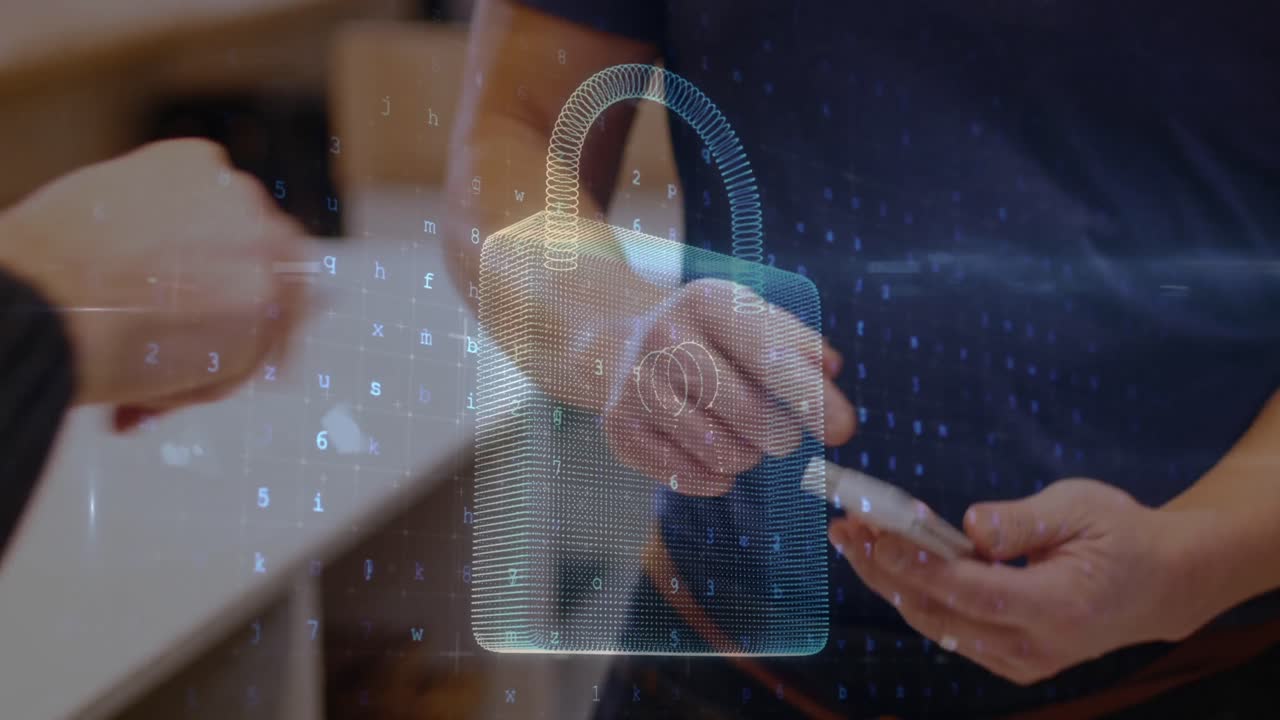animación del candado de seguridad de la red sobre las personas que utilizan el terminal de pago