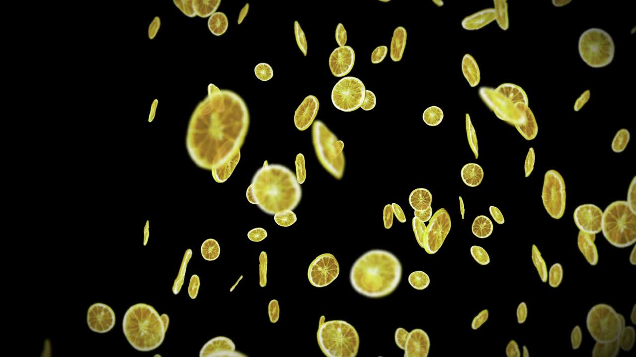 검은 바탕에 많은 건조 레몬을 날아. 탈수 된 과일, 음식 개념. 3d 애니메이션 조각 된 과일 레몬 회전. 루프 애니메이션.