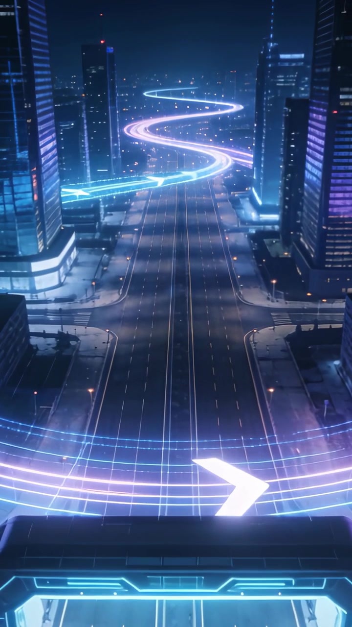 Vertical video: Brightening neon ribbon and arrow sweeping overpass on elevated blvd