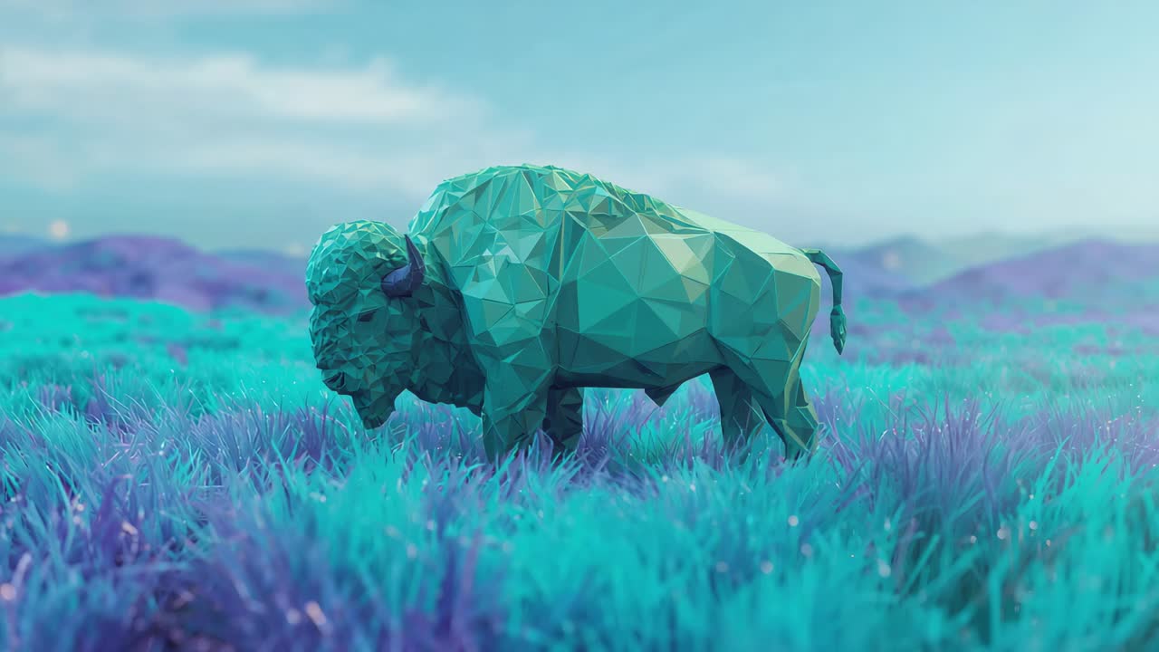Moving camera bringing lowpoly bison 3D model closer on grassy plain, revealing faceted geometry