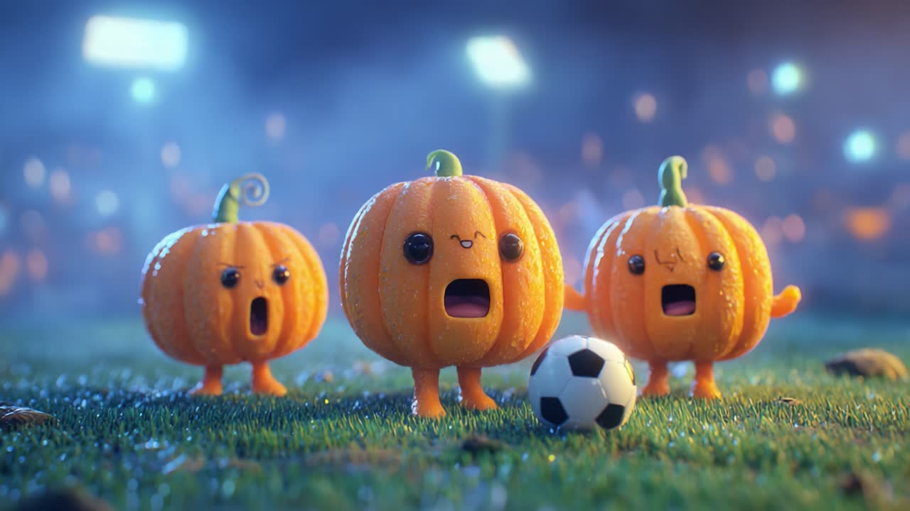 Three Adorable Pumpkin Characters Playing Soccer on a Misty Field Under Bright Stadium Lights, Showcasing Their Playful Personalities and Team Spirit