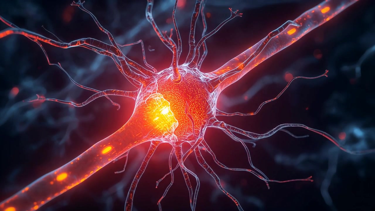 Brightening neuron soma pulsing and moving bright puncta along axon under microscope, signaling