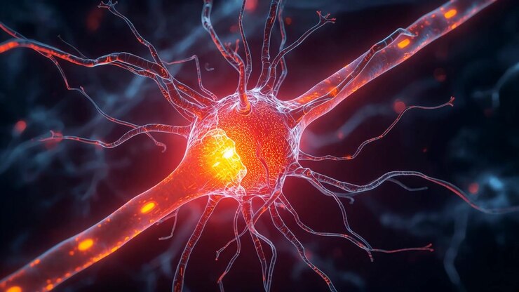Brightening neuron soma pulsing and moving bright puncta along axon under microscope, signaling