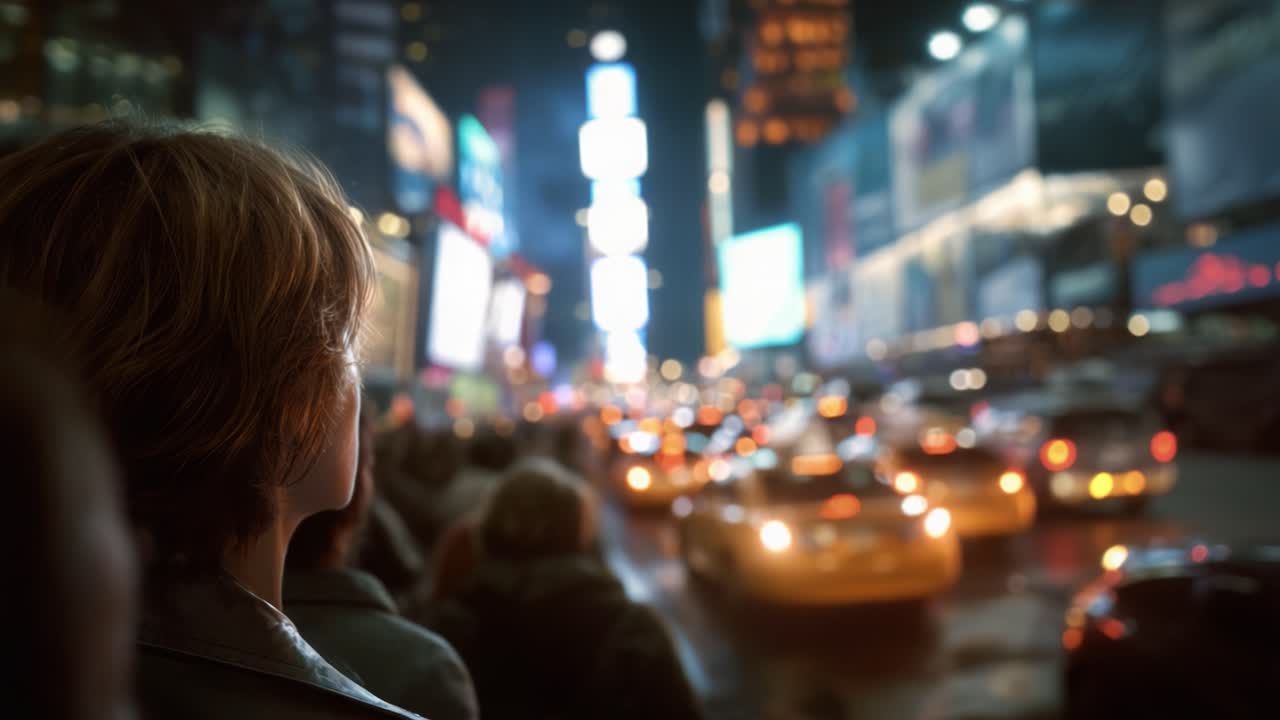 Uno scorcio affascinante di una vivace scena notturna cittadina, con luci vibranti, traffico intenso e una figura solitaria che osserva l'energia pulsante della vita urbana.