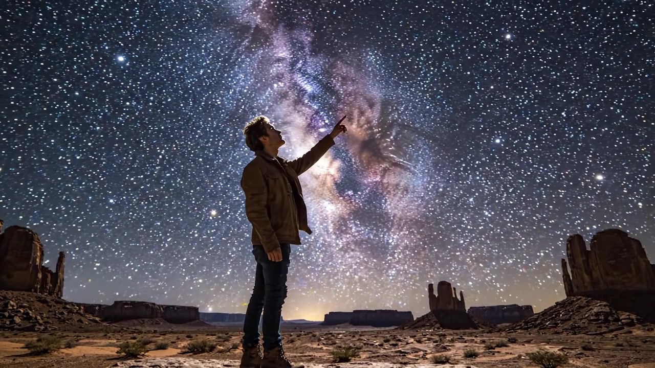 En stjärnskådares dröm: Fördjupad i det kosmiska undret under Vintergatans prakt, står en figur bland majestätiska klippformationer och ett hav av stjärnor.