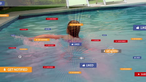 person swimming in pool with social media notifications overlay animation