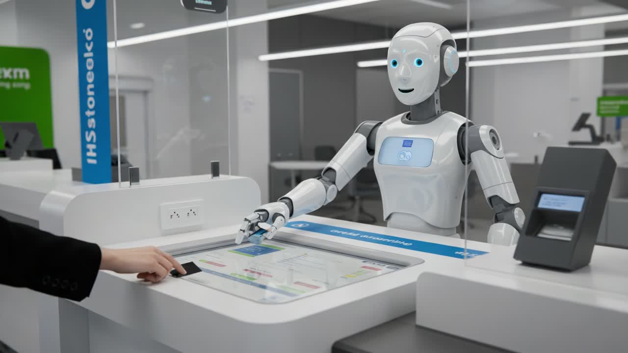 An Interactive Assistant: A humanoid robot engages with a user at a service counter, showcasing advanced technology and customer interaction through touchscreen interfaces