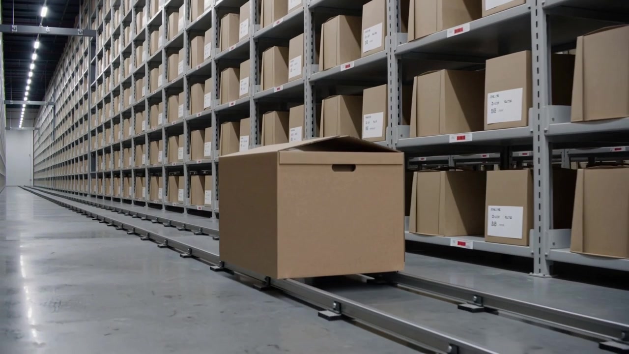 Gliding transport box with handholds toward camera on rails in storage aisle after activation