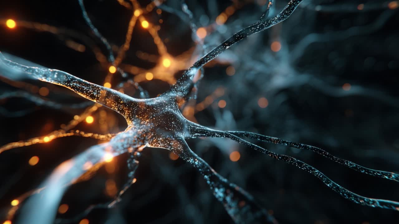 Microscopic view of a nerve cell transmitting electrical and chemical signals through the axon and dendrites in the human brain, showing the complex interconnected network of the nervous system