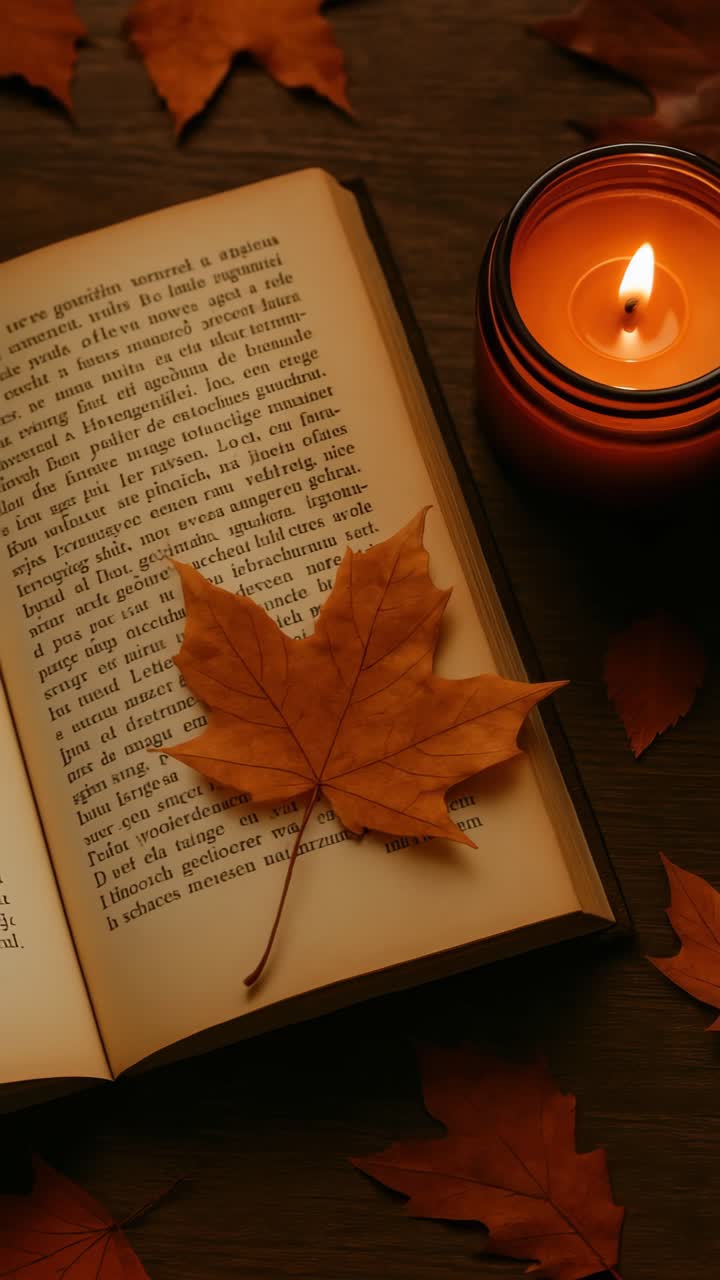 Cozy autumn scene with a top-down view of an open book, a lit candle, and scattered leaves, perfect