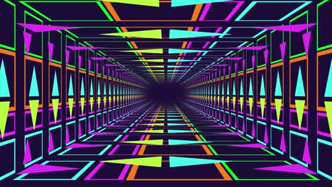Moving-through-neon-lit-tunnel-with-colourful-triangles