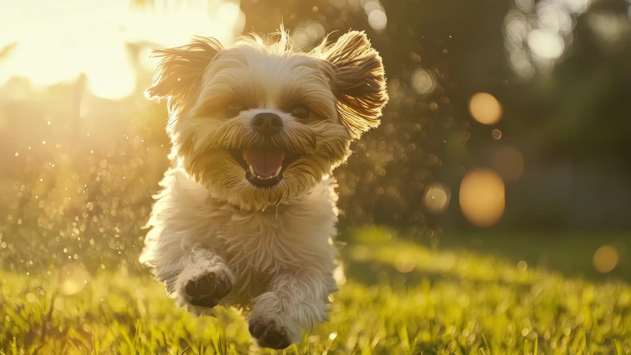 Neşeli bir köpek, alçak açılı bir çekimde kameraya doğru koşuyor, neşeli ruhu ve sıcaklığı yakalayarak