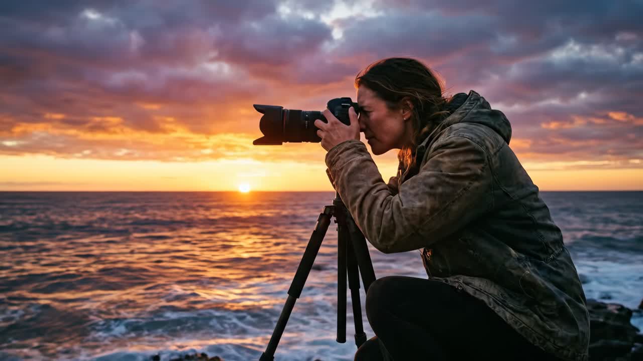 Woman Photographer Taking Pictures of Ocean Sunset on Rocky Coast