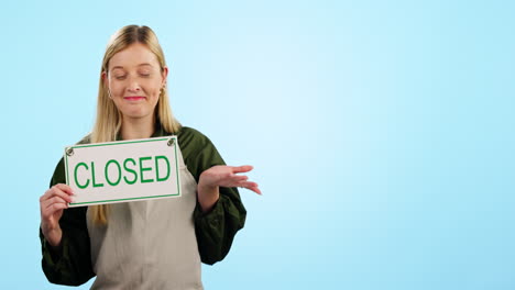 closed sign, face and woman pointing to shop