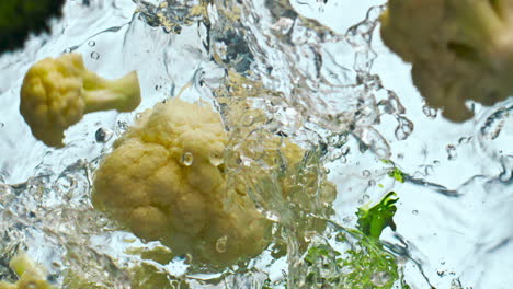 broccoli cauliflower splashing water close up. vitamin cabbage falling in liquid