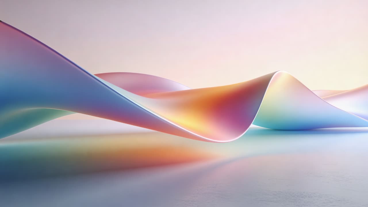 Camera shifting revealing glossy ribbon undulating across pastel studio floor, showing highlights