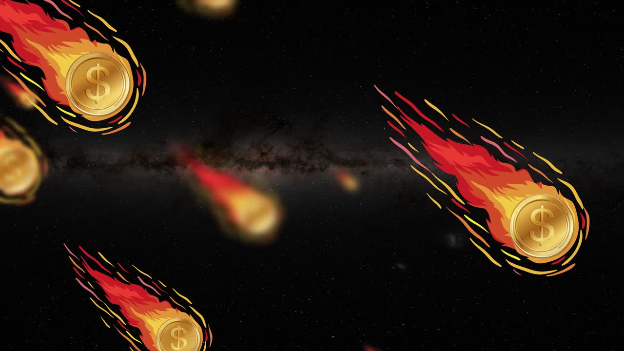 Golden dollar coins with fiery trails streak through a dark cosmic backdrop, creating a dynamic and intense visual experience