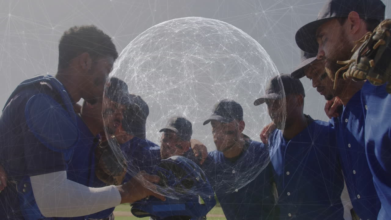 Huddling, baseball players in blue uniforms with digital network animation overlay