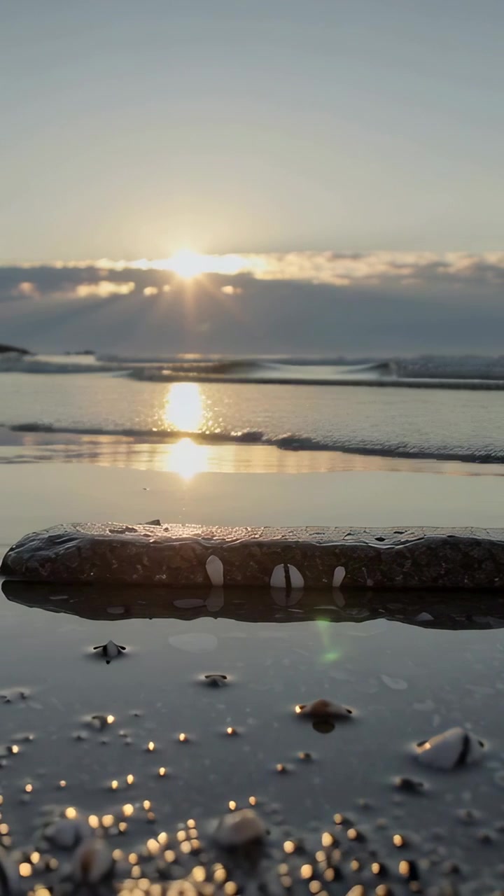 Vertical video: Low-angle shelled driftwood sun-glinting as tide pushing thin wave across wet sand