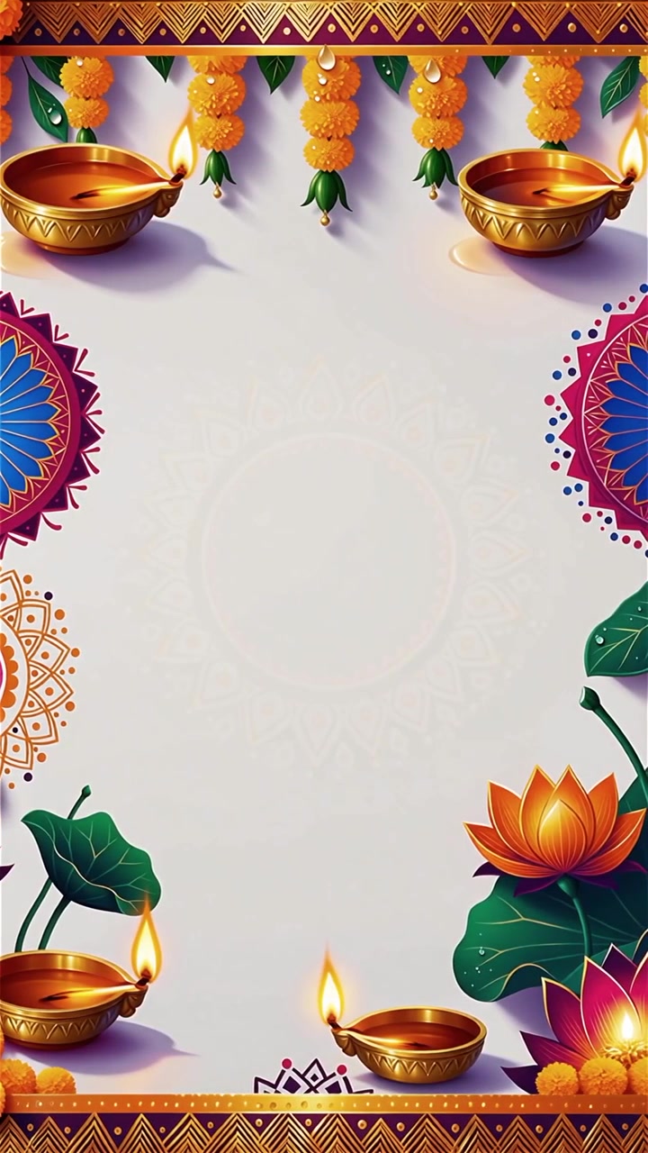 Sfondo Diwali con Diyas luminosi, Rangoli e fiori di loto