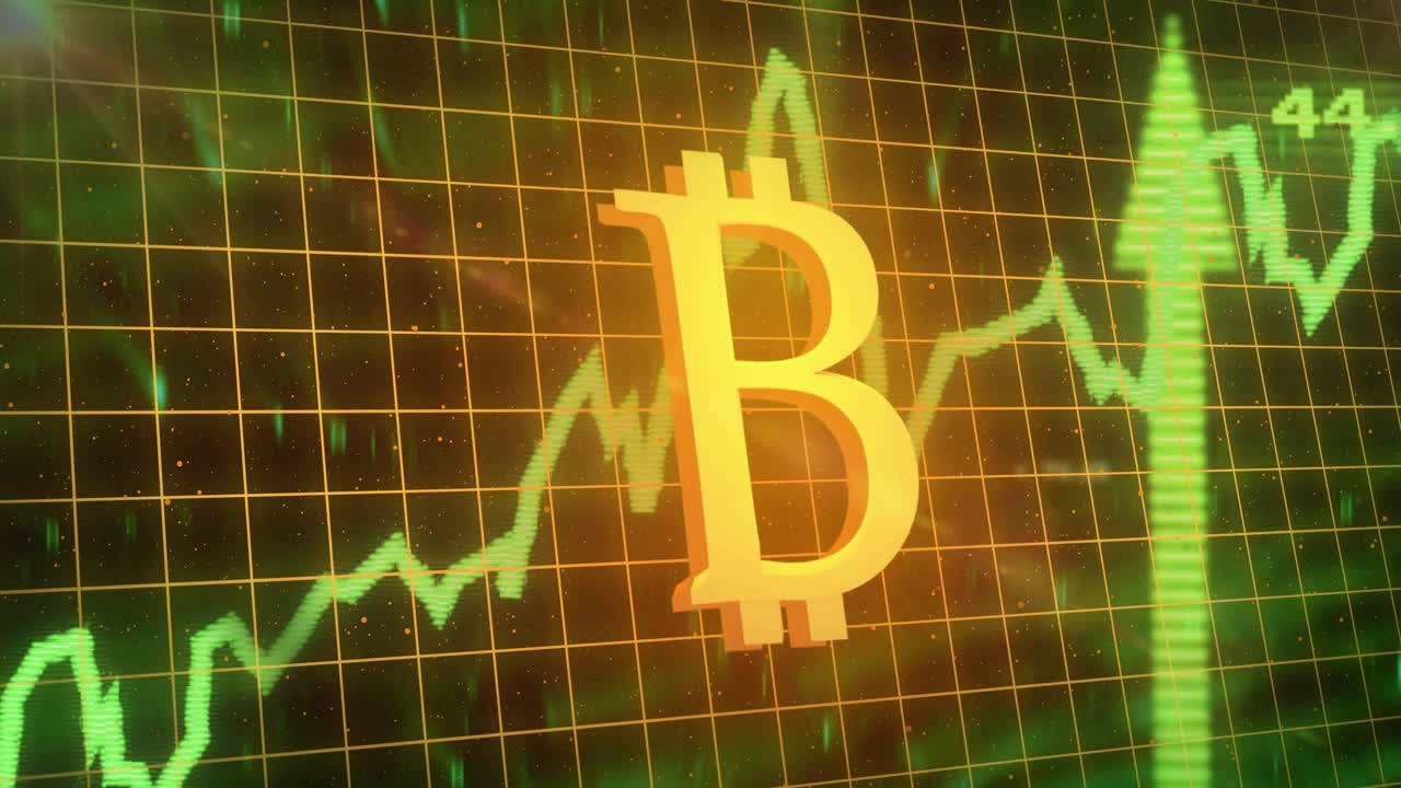 Green price line starting left to right gold BTC glowing arrows rising chart climbing showing rise