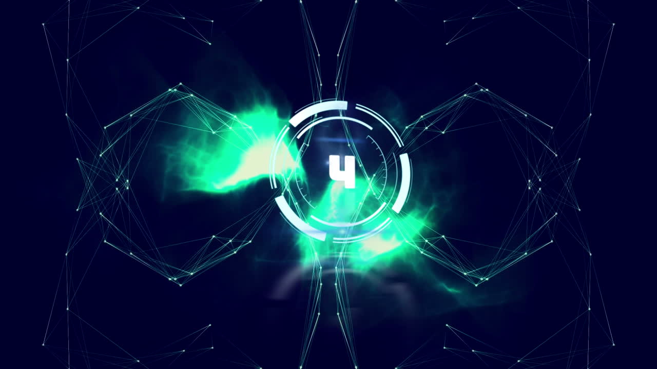 Animation of countdown and network of connections on blue background