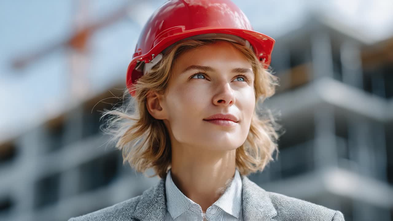 A Confident Construction Professional with a Red Hard Hat Gazes Optimistically at the Future of Building Projects Amidst a Construction Site