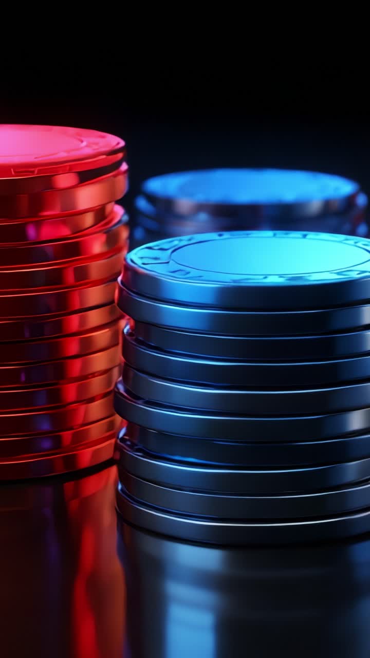 A Close-Up View of Stacked Chips Displaying Vibrant Colors in a Dark Background, Capturing the Intricacies and Details of Each Circular Piece