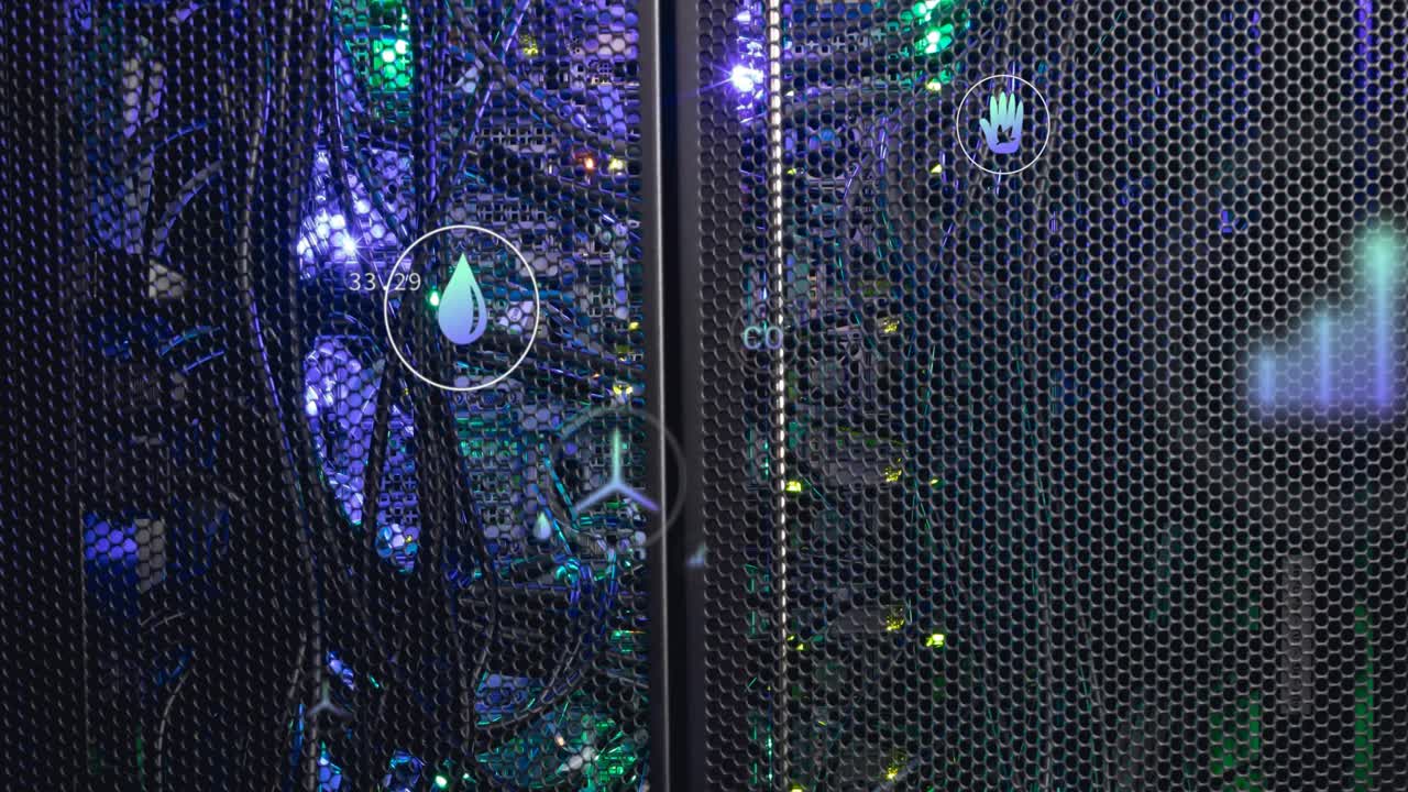 Animation of eco icons and data processing over computer servers
