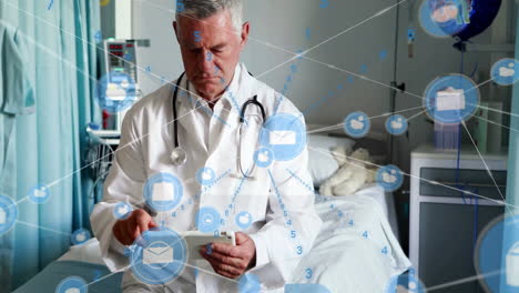 in hospital room, doctor using tablet with digital communication animation overlay