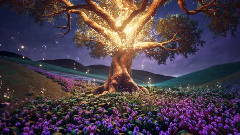 A magical tree glowing at dusk, surrounded by purple flowers