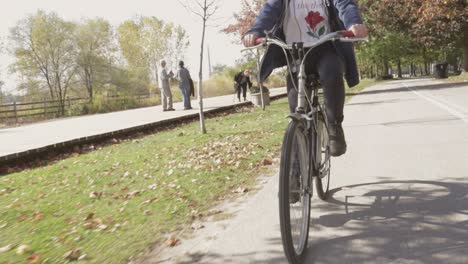 toronto, canada - woman biking on the street in a park with trees on a sunny day - closeup shot