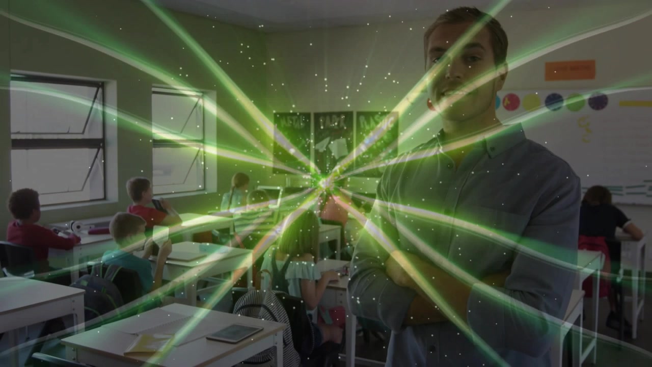Teacher reacting to green glow turning toward students while radial streaks expanding in education