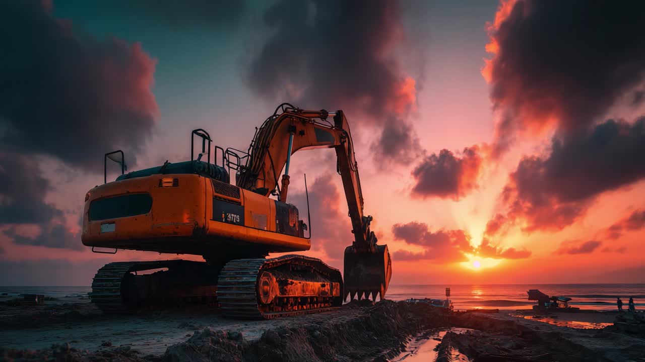 A Majestic Excavator at Dusk: Transforming the Landscape Against a Vibrant Sunset, Showcasing Heavy Machinery Operations in a Coastal Environment
