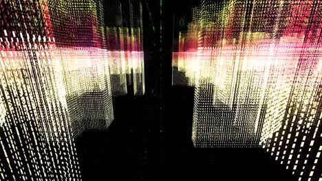 matriz abstracta fondo de movimiento geométrico. animación. lluvia de números binarios cayendo entre cubos de símbolos en fondo negro, bucle sin costuras