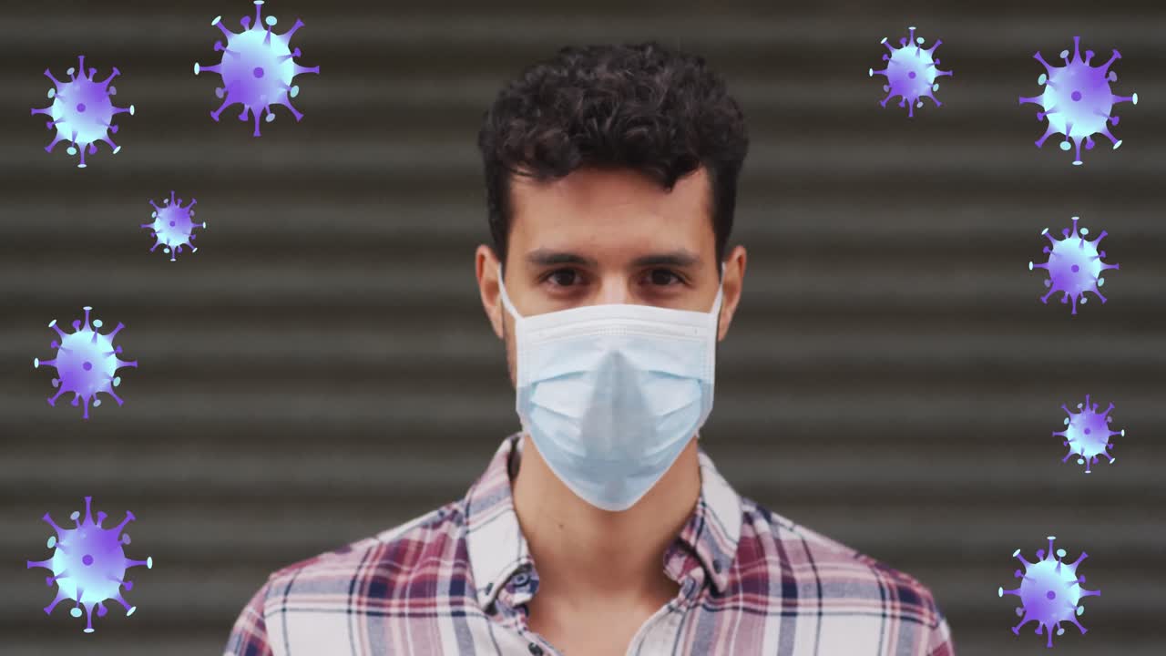 코로나 19 세포가 얼굴 마스크를 착용한 두 인종 남성 위에 떨어지는 애니메이션