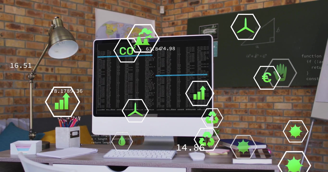 At startup green hex icons over code display updating numbers, moving positions visualizing data