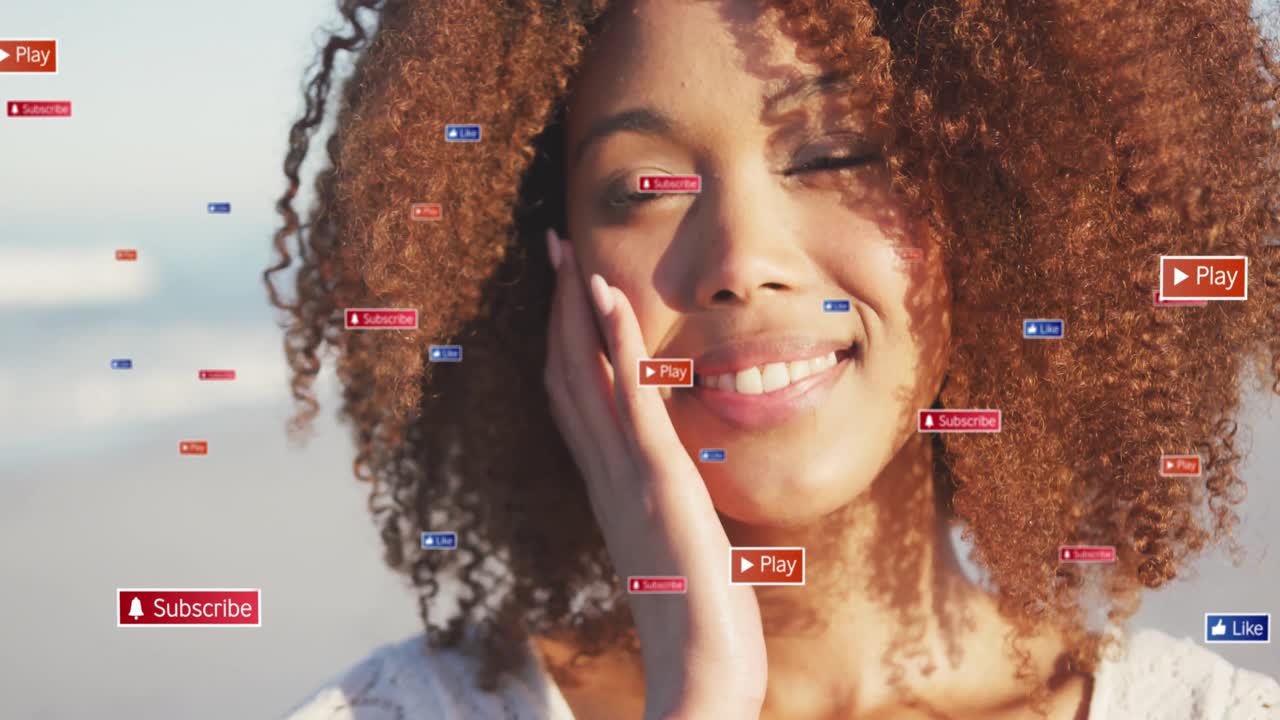 woman cupping cheek sparking social media demo with drifting play icons and like counts smiling