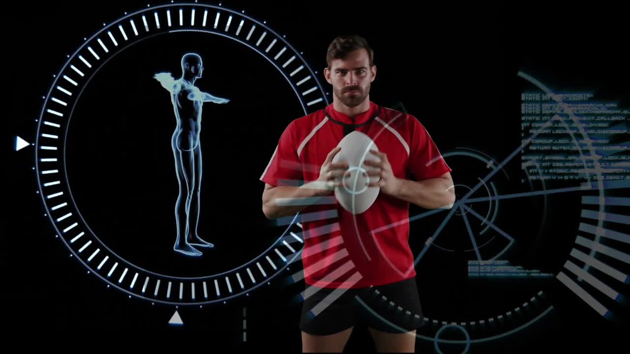 공을 들고 있는 프로 럭비 선수와 의료 데이터