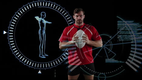 jugador de rugby profesional sosteniendo una pelota y datos médicos