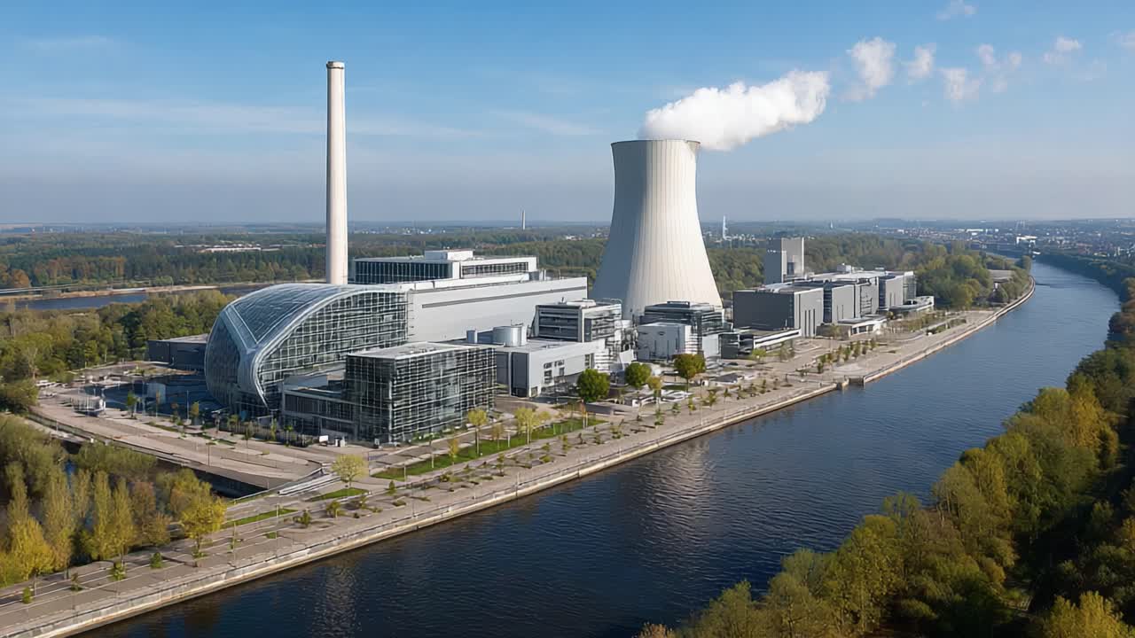 Vista aerea di una moderna centrale elettrica circondata da acqua e vegetazione, che mostra le torri di raffreddamento e le bocchette di emissione su un cielo azzurro limpido