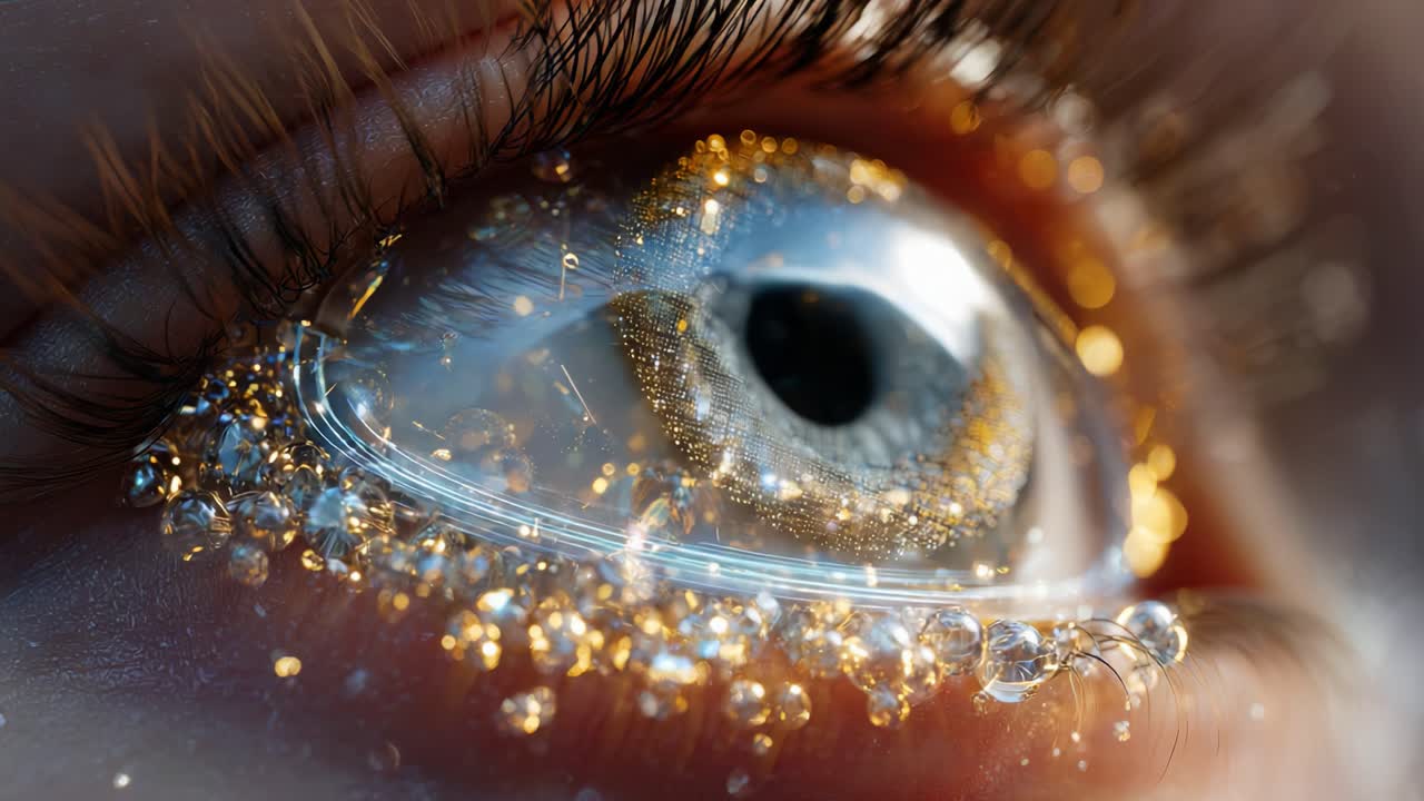 A Close-up View of a Stunning Eye with Sparkling Gold and Crystal-like Details Enhanced by Reflections and Colors, Capturing the Intricate Beauty and Hypnotic Appeal Found in Natural Human Features