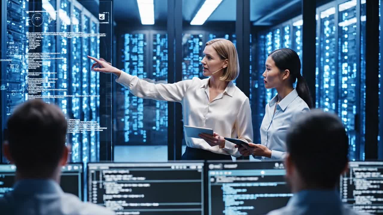 It professionals discussing data in modern server room